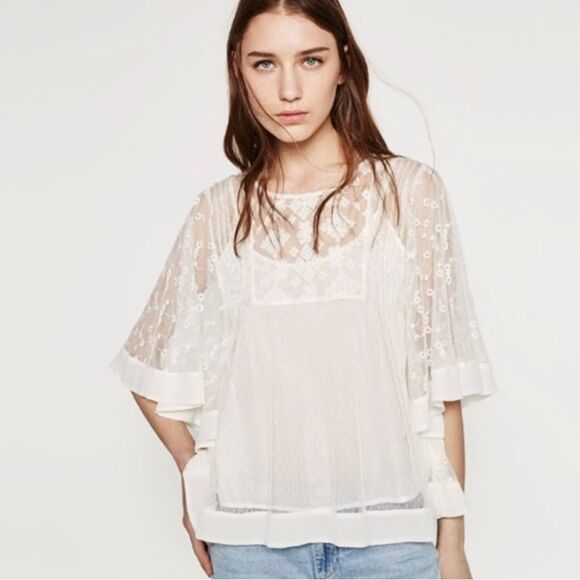 Zara Sheer Mesh Embroidered Floral Lace Batwing Cape Sleeves Layering Tank Tee S - Picture 1 of 9